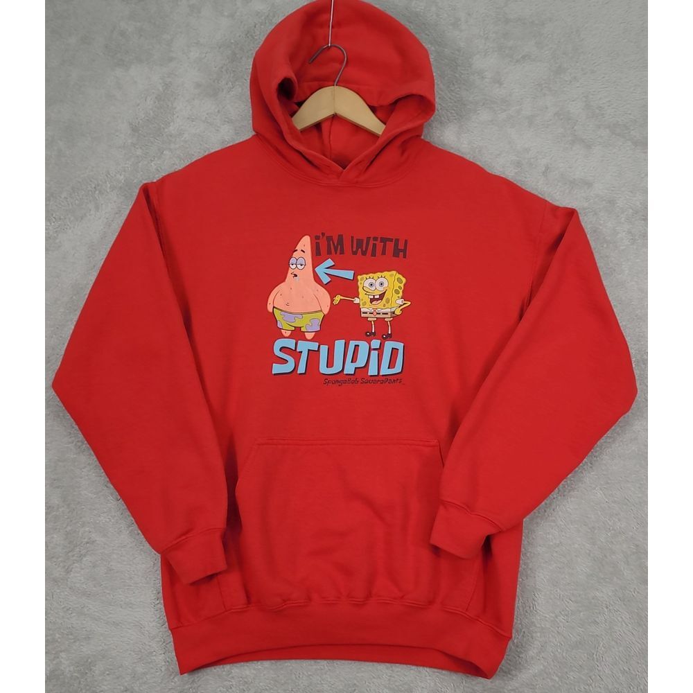 VTG Spongebob Squarepants Hoodie‎ "I'm with Stupid" Mens Sz M/L See Measurements